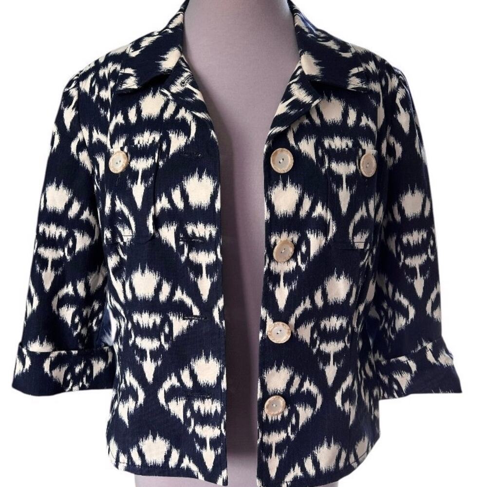 NWOT CARLISLE Women’s Cropped Blazer Jacket Indigo Blue/White with Pockets Sz 10